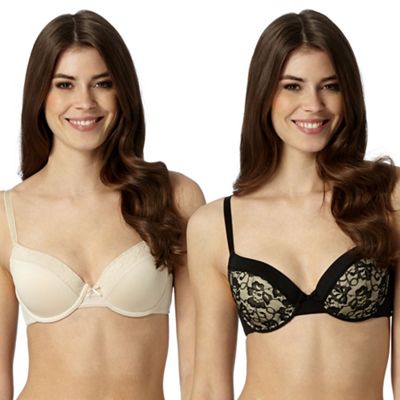 Debenhams Pack of two black and natural lace trim t-shirt bras